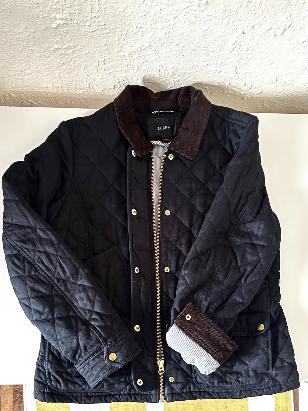 J. Crew Heritage Quilted Barn Coat Black w/ Brown Corduroy Cuffs Size M